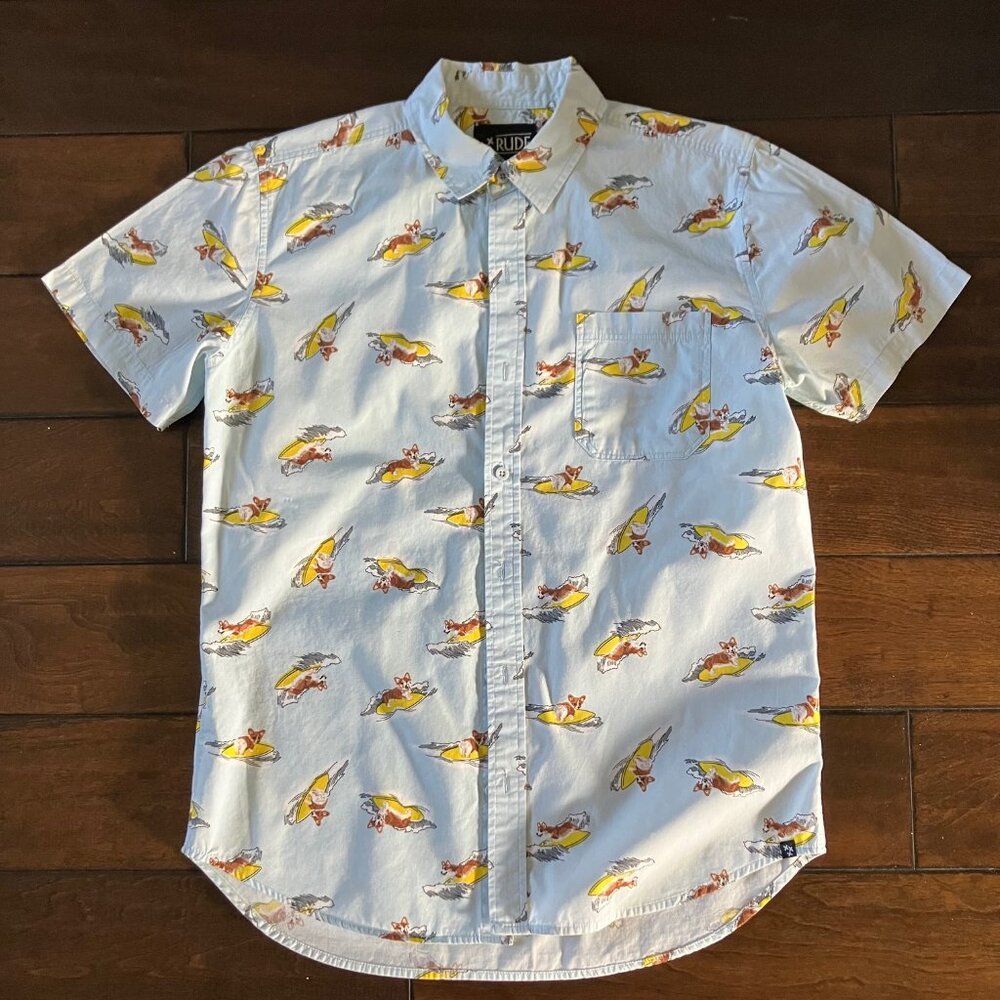 Xxx Rude Surfing Corgi Short Sleeve Dress Shirt - Size S Mens